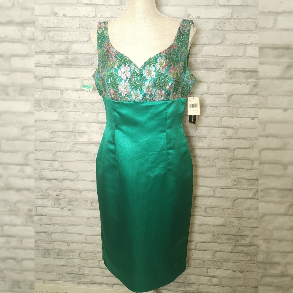 Vintage Donna Morgan Green Embroidered Floral Evening Dress New - Picture 2 of 12